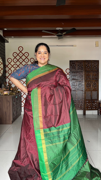 Coffee Brown Arani Pattu Art Silk Saree with Meenakshi Green & Plus Buttis