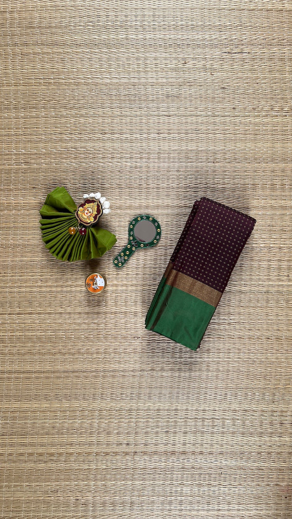 Coffee Brown Arani Pattu Art Silk Saree with Meenakshi Green & Plus Buttis