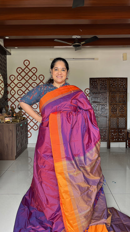 Purplish Pink Arani Pattu Art Silk Saree with Orange & Plus Buttis
