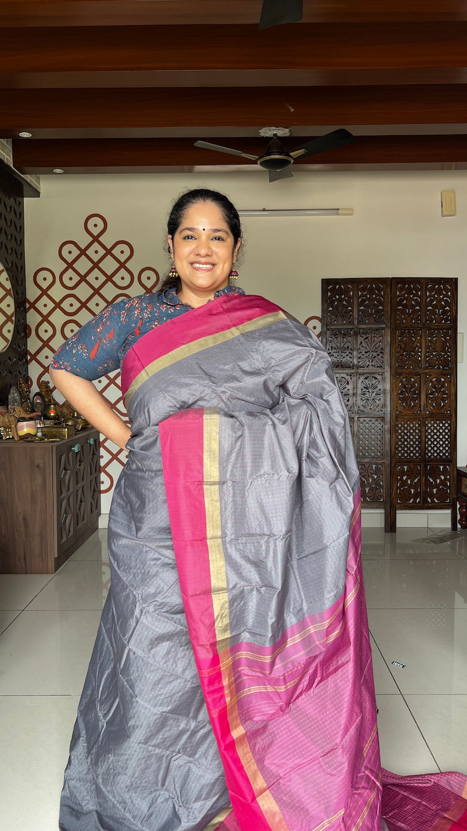 Elephant Grey Arani Pattu Art Silk Saree with Pink & Plus Buttis
