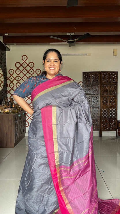 Elephant Grey Arani Pattu Art Silk Saree with Pink & Plus Buttis