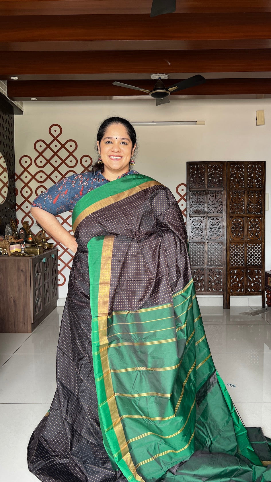 Dark Chocolate Brown Arani Pattu Art Silk Saree with Meenakshi Green & Plus Buttis