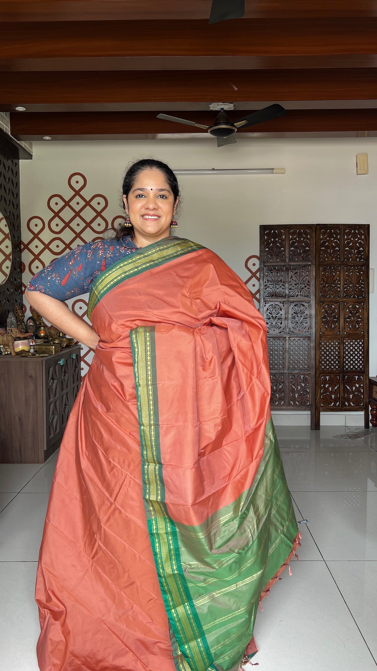 Light Copper Plain Arani Pattu Art Silk Saree with Military Green Border