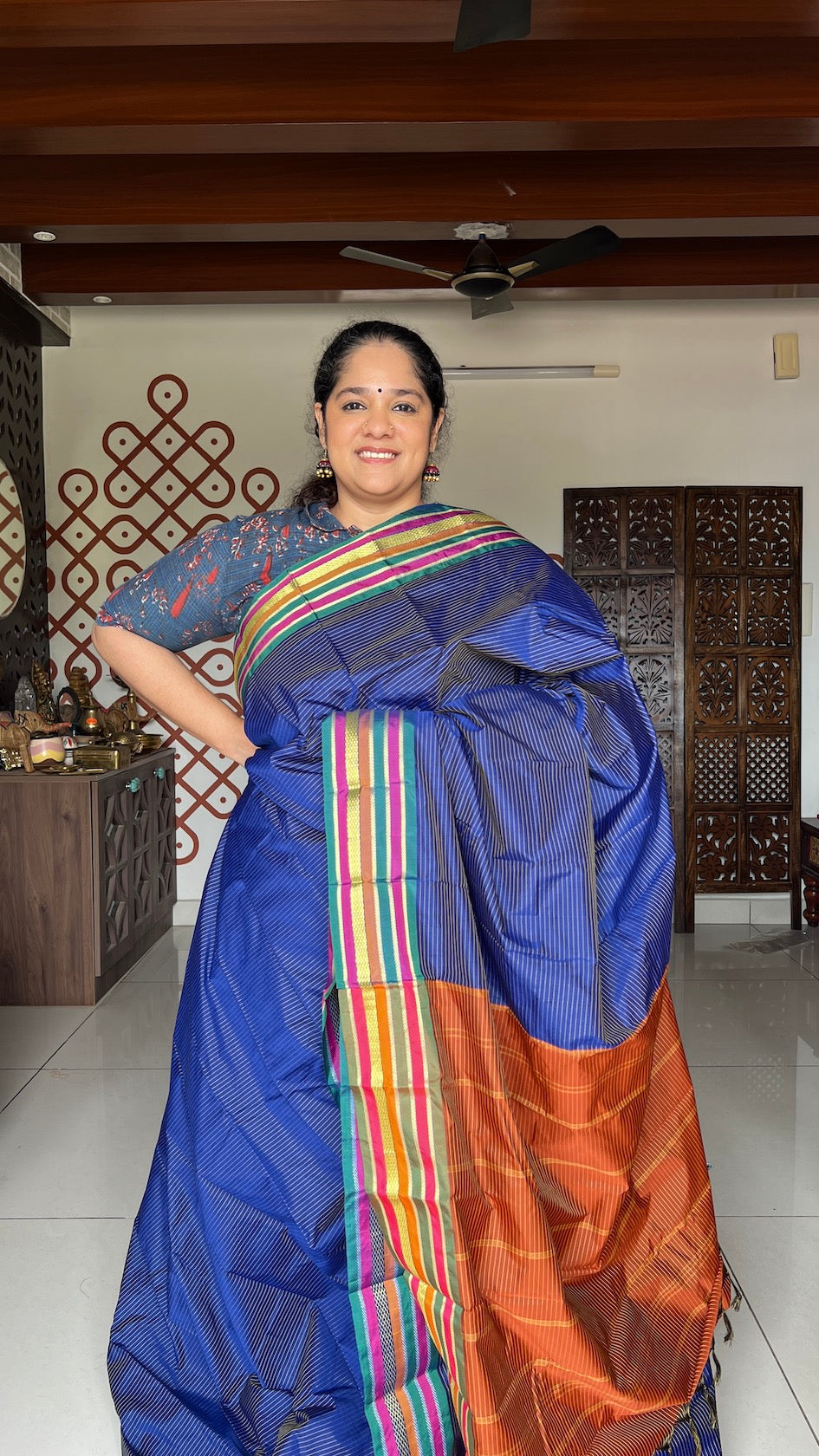 MS Blue Veldhari Stripes Art Silk Saree with Vendhayam Pallu