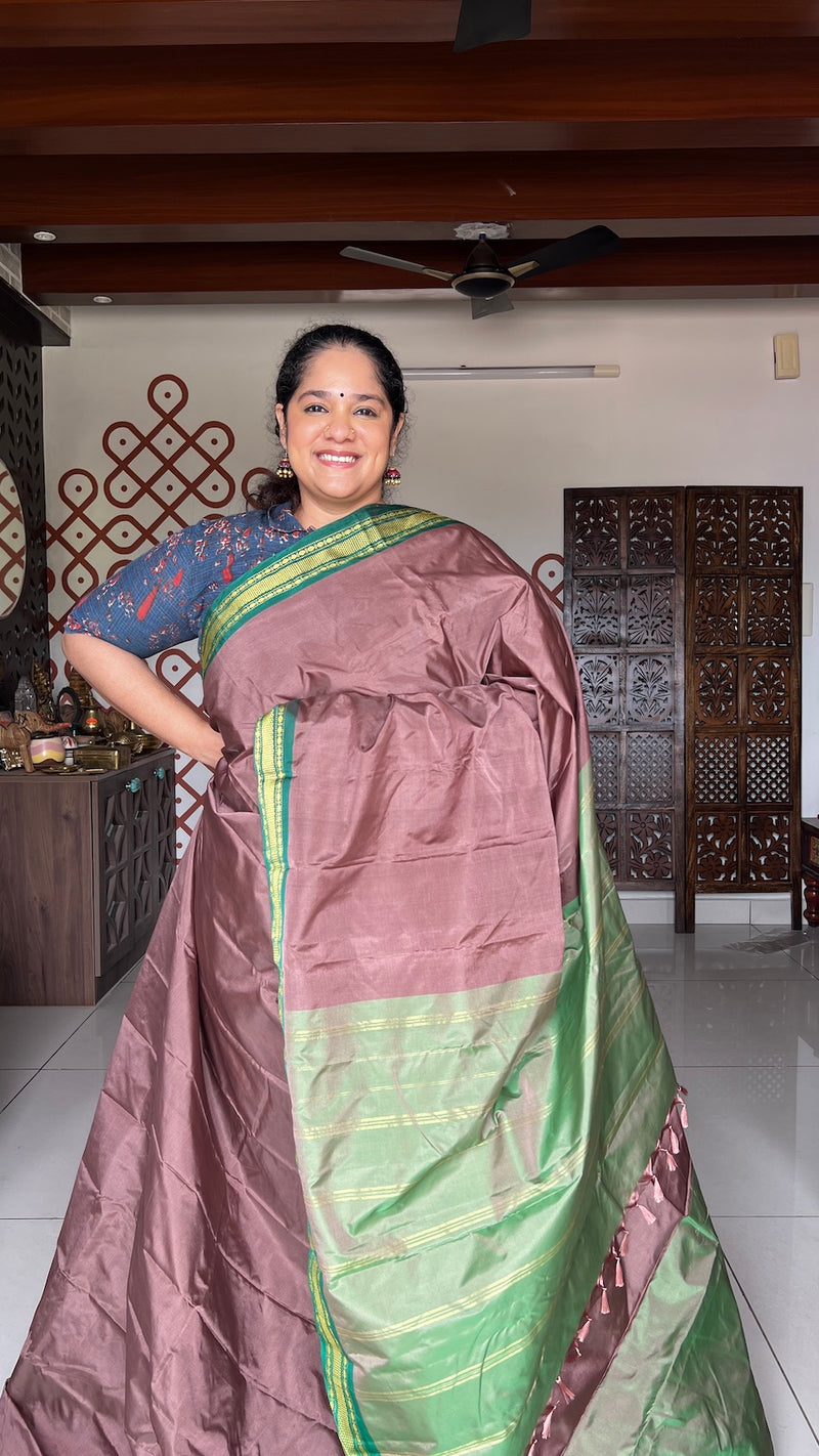 Cocoa Brown Plain Arani Pattu Art Silk Saree with Meenakshi Green Border