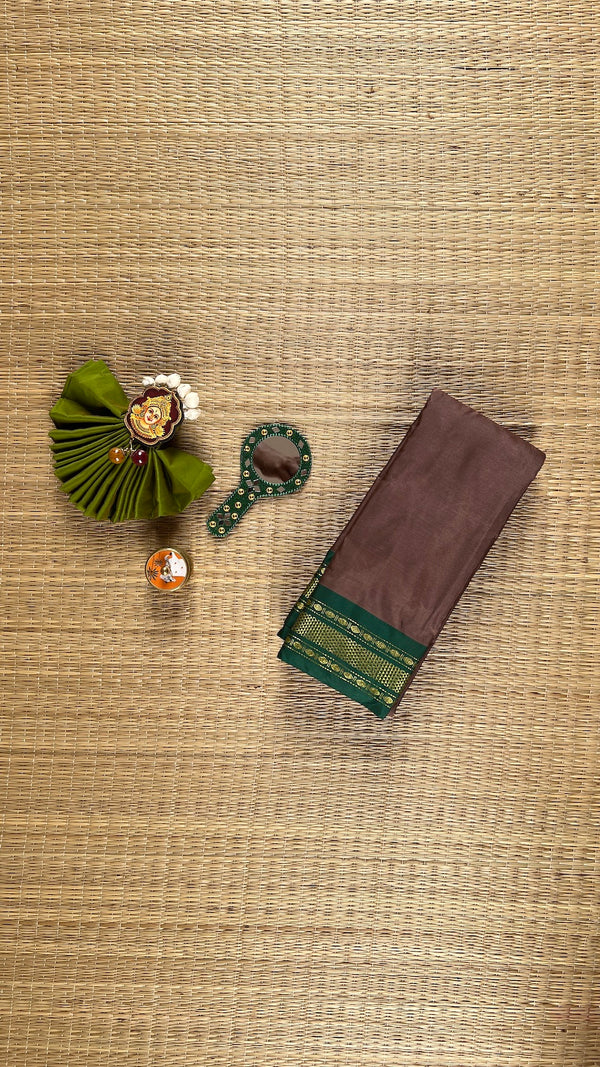 Cocoa Brown Plain Arani Pattu Art Silk Saree with Meenakshi Green Border