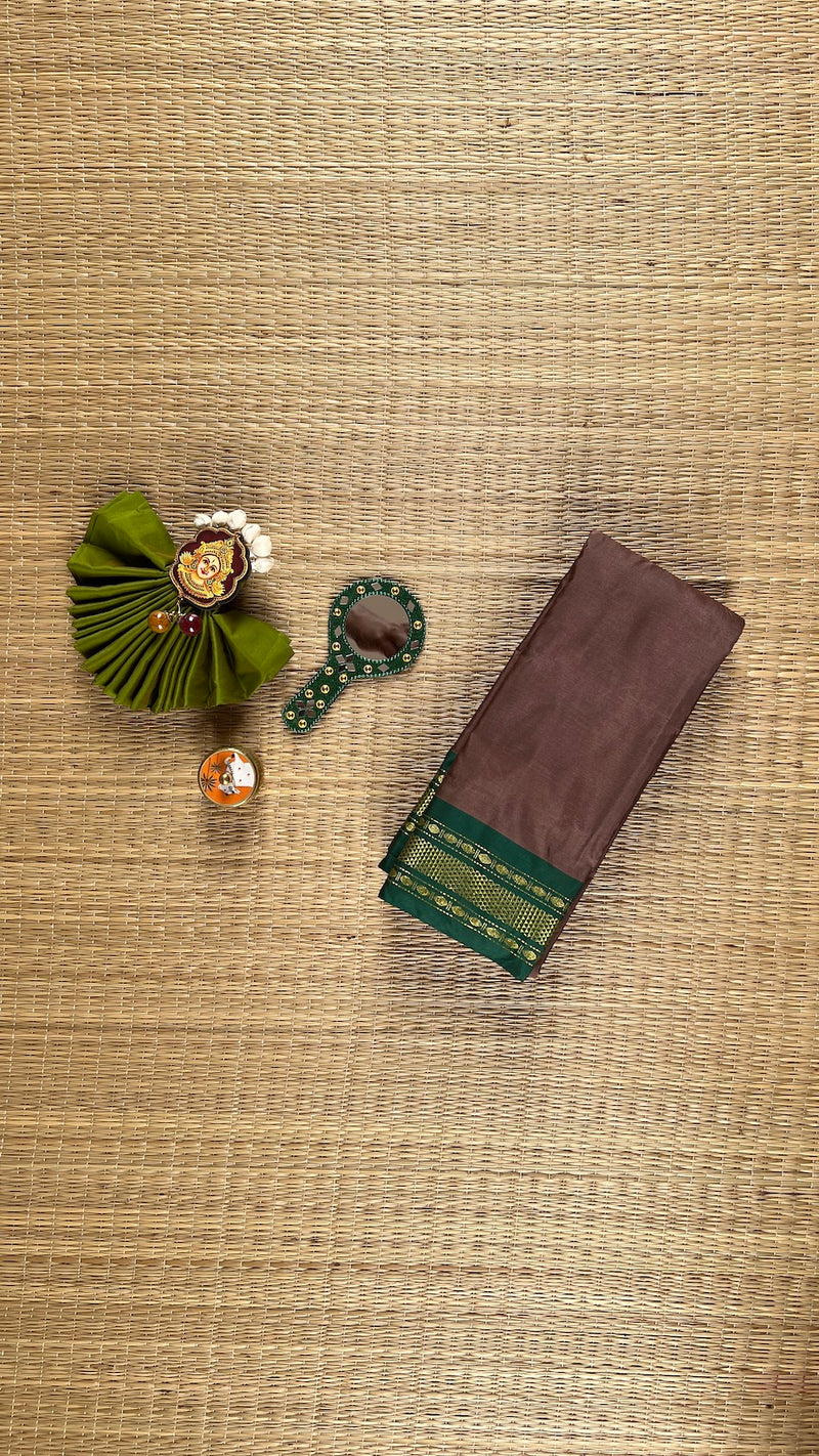 Cocoa Brown Plain Arani Pattu Art Silk Saree with Meenakshi Green Border