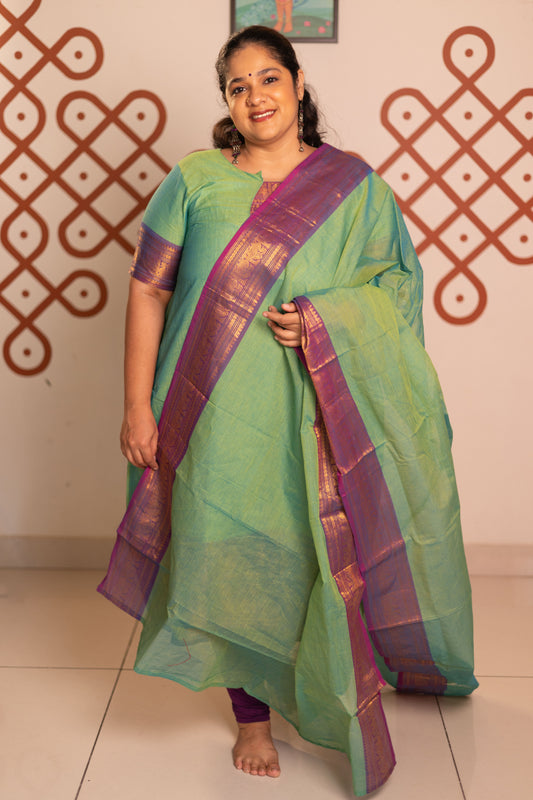 Pista Green- Chettinad cotton A-Line kurta + dupatta