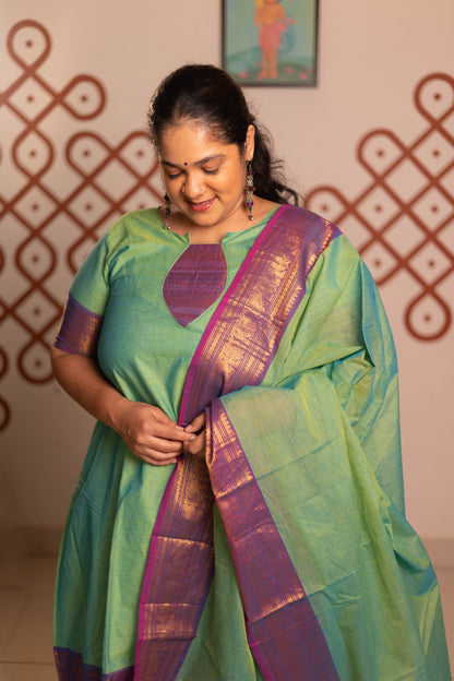 Pista Green- Chettinad cotton A-Line kurta + dupatta