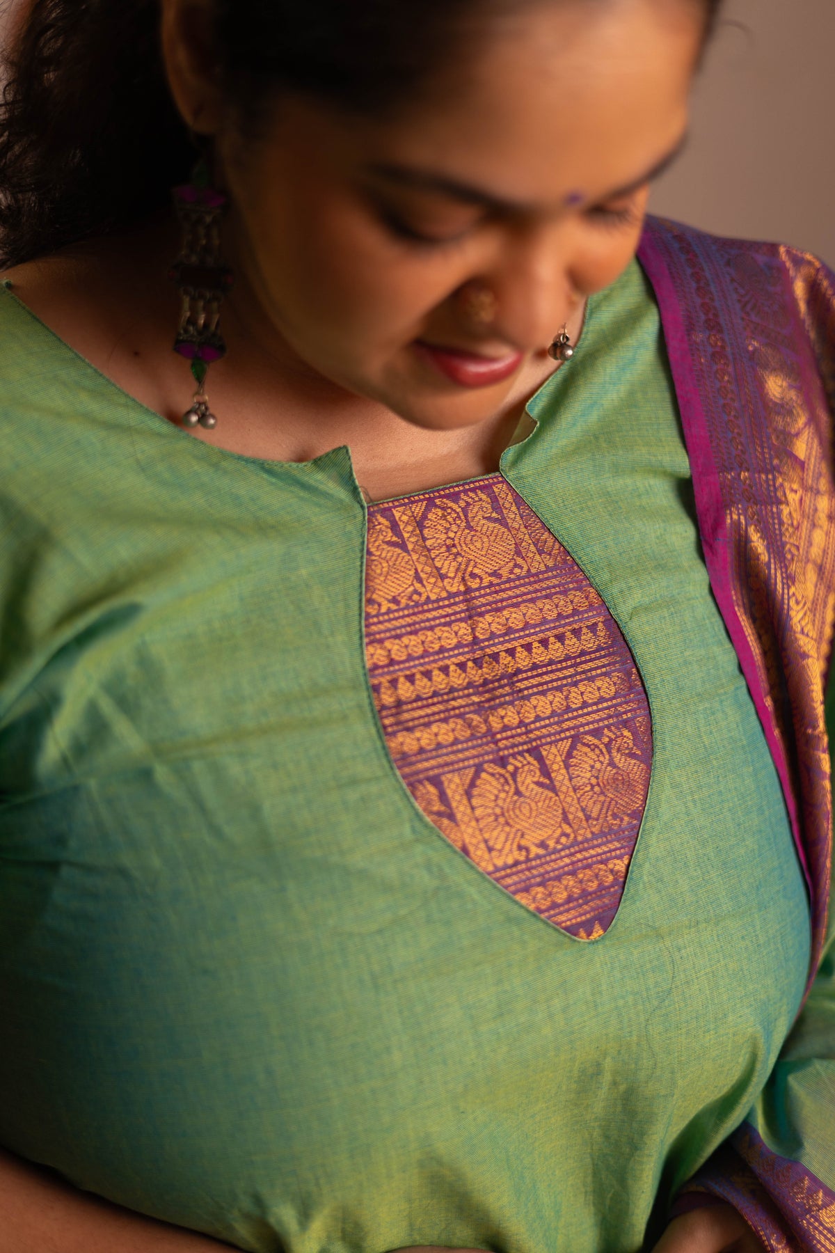 Pista Green- Chettinad cotton A-Line kurta + dupatta
