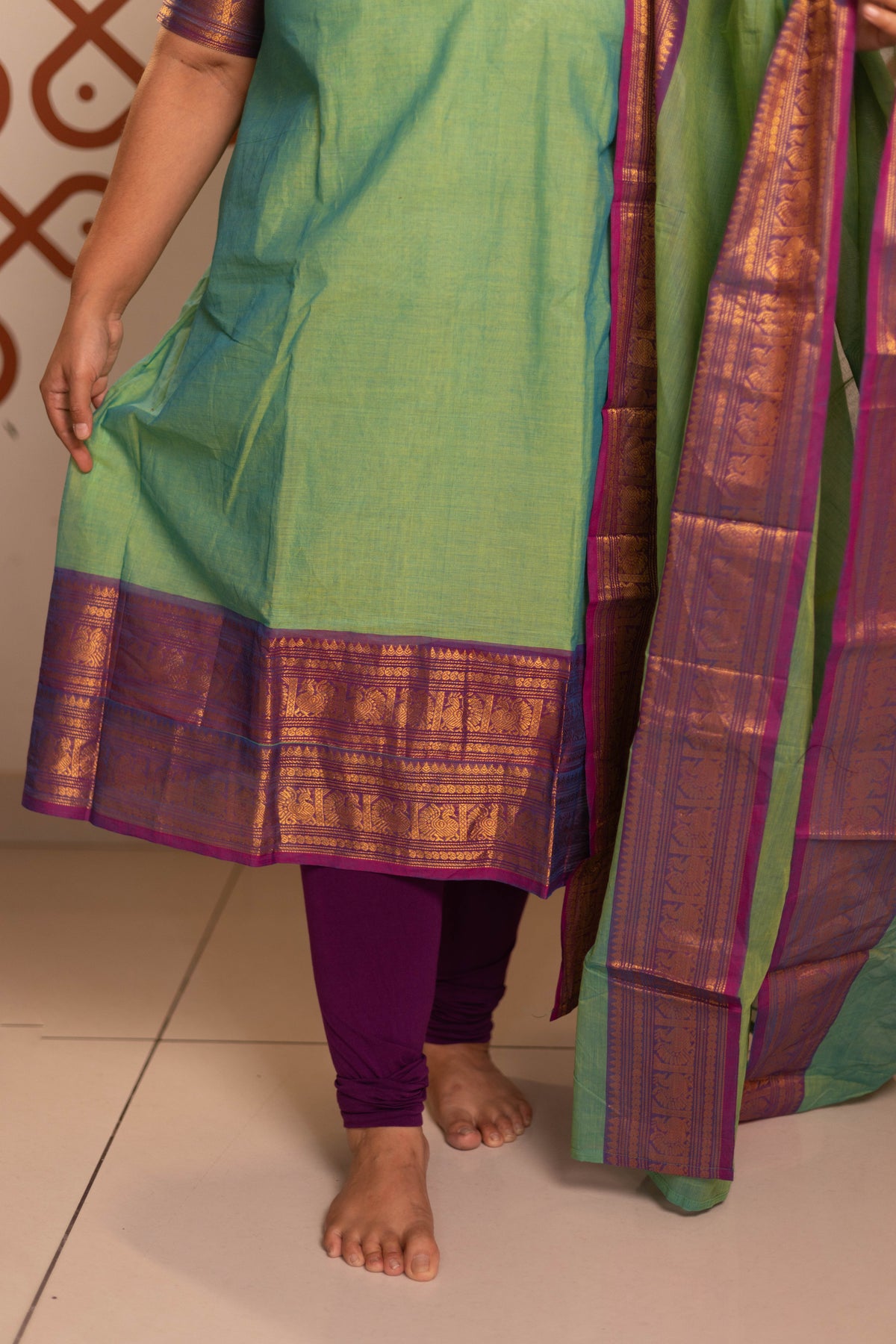 Pista Green- Chettinad cotton A-Line kurta + dupatta