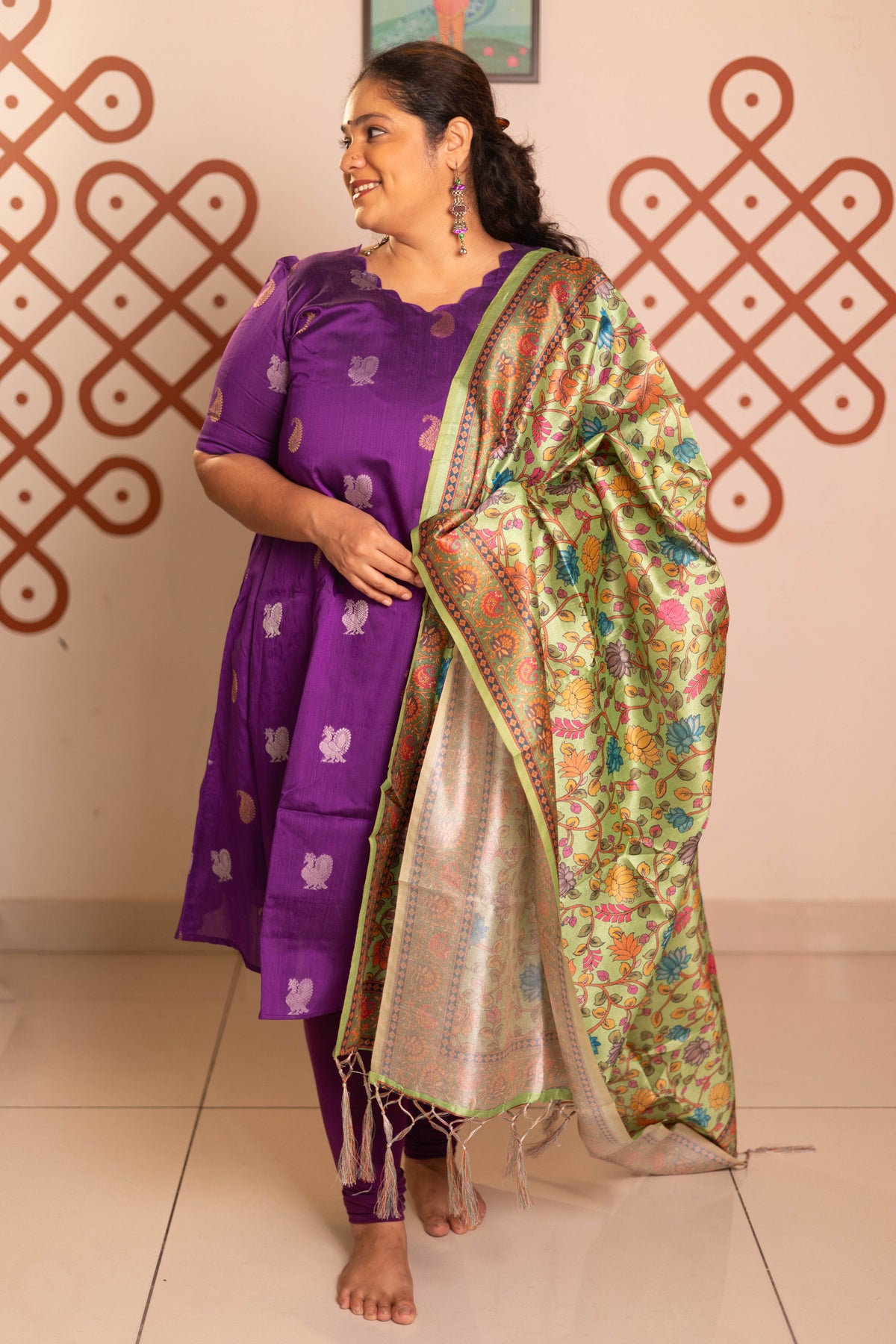 Purple festive raw silk A-Line kurta with pista kalamkari tussar silk duppatta