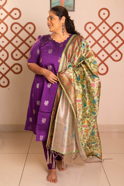 Purple festive raw silk A-Line kurta with pista kalamkari tussar silk duppatta