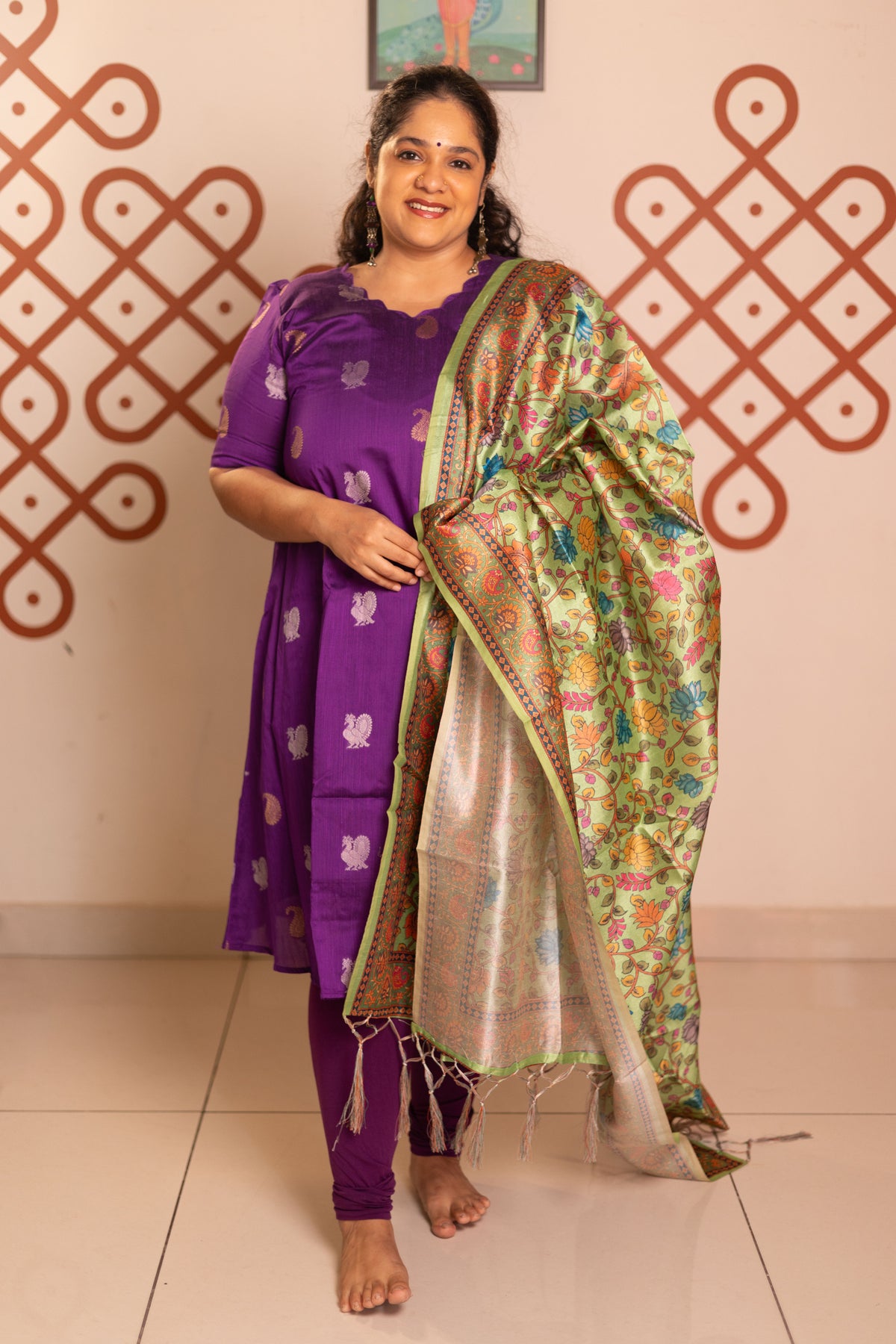 Purple festive raw silk A-Line kurta with pista kalamkari tussar silk duppatta