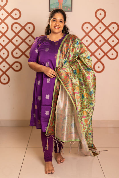 Purple festive raw silk A-Line kurta with pista kalamkari tussar silk duppatta