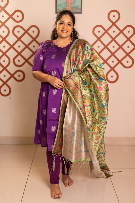 Purple festive raw silk A-Line kurta with pista kalamkari tussar silk duppatta