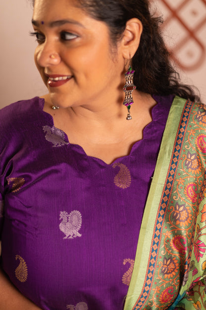 Purple festive raw silk A-Line kurta with pista kalamkari tussar silk duppatta
