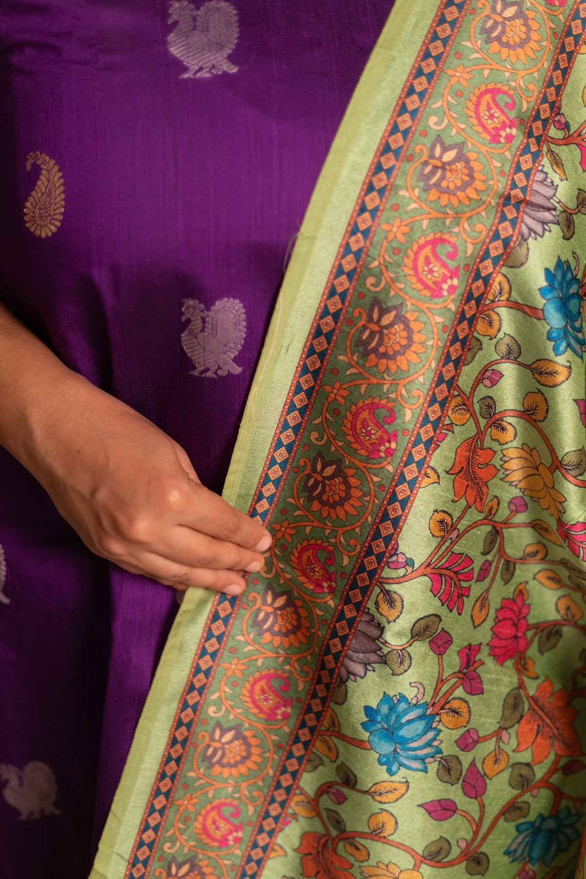 Purple festive raw silk A-Line kurta with pista kalamkari tussar silk duppatta