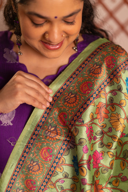 Purple festive raw silk A-Line kurta with pista kalamkari tussar silk duppatta