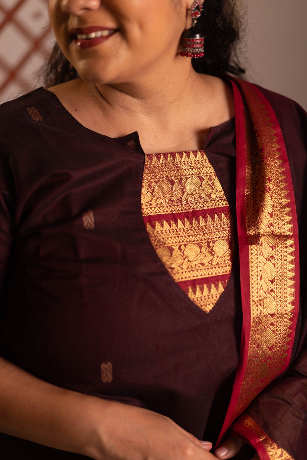 Coffee brown shade1- Chettinad cotton A-Line kurta + dupatta