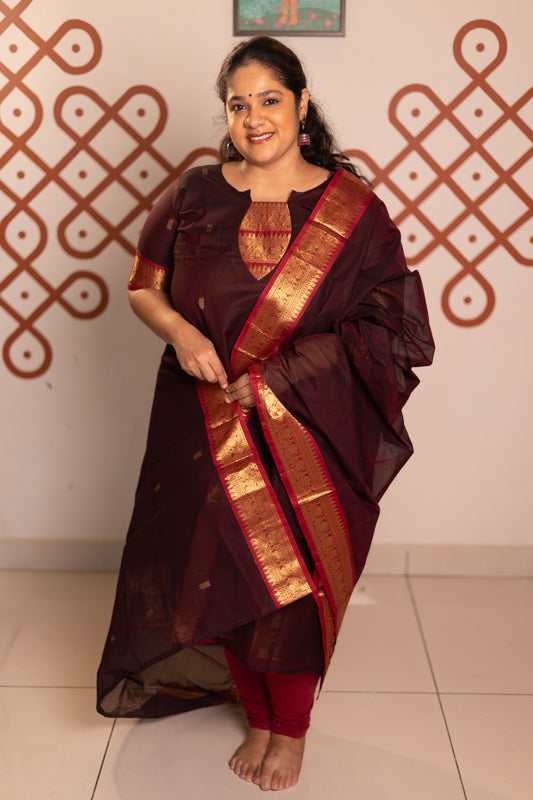 Coffee brown shade1- Chettinad cotton A-Line kurta + dupatta