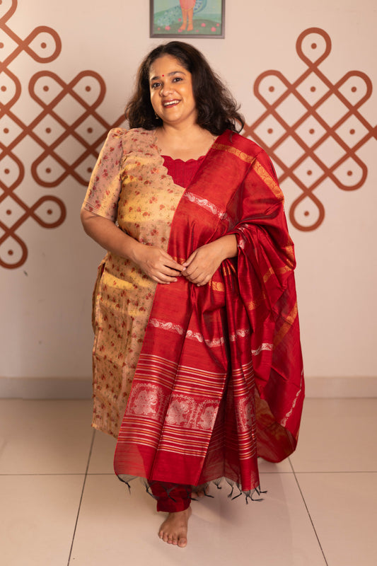 Cream tissue organza- 3 pieces suit set with red  raw silk dupatta