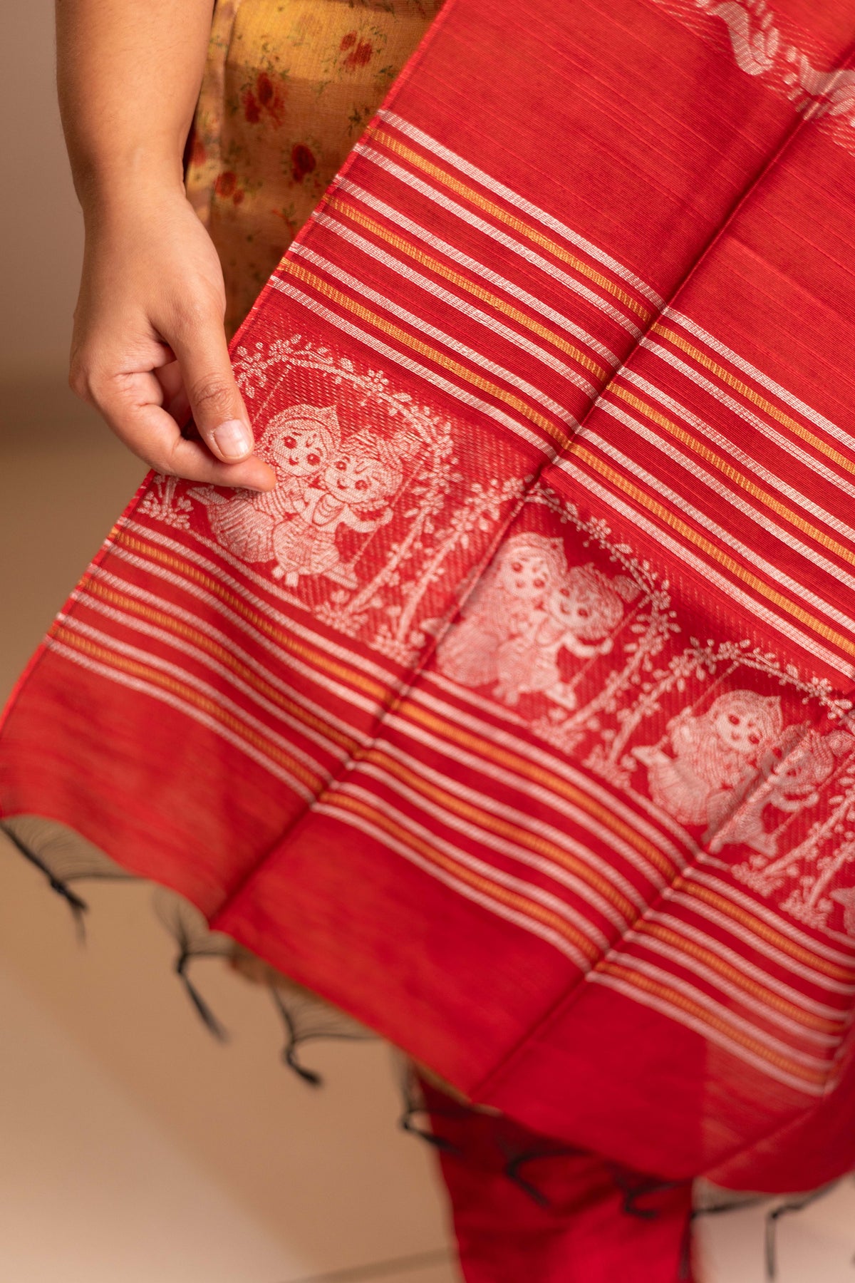 Cream tissue organza- 3 pieces suit set with red  raw silk dupatta
