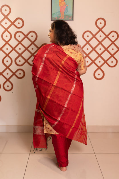 Cream tissue organza- 3 pieces suit set with red  raw silk dupatta