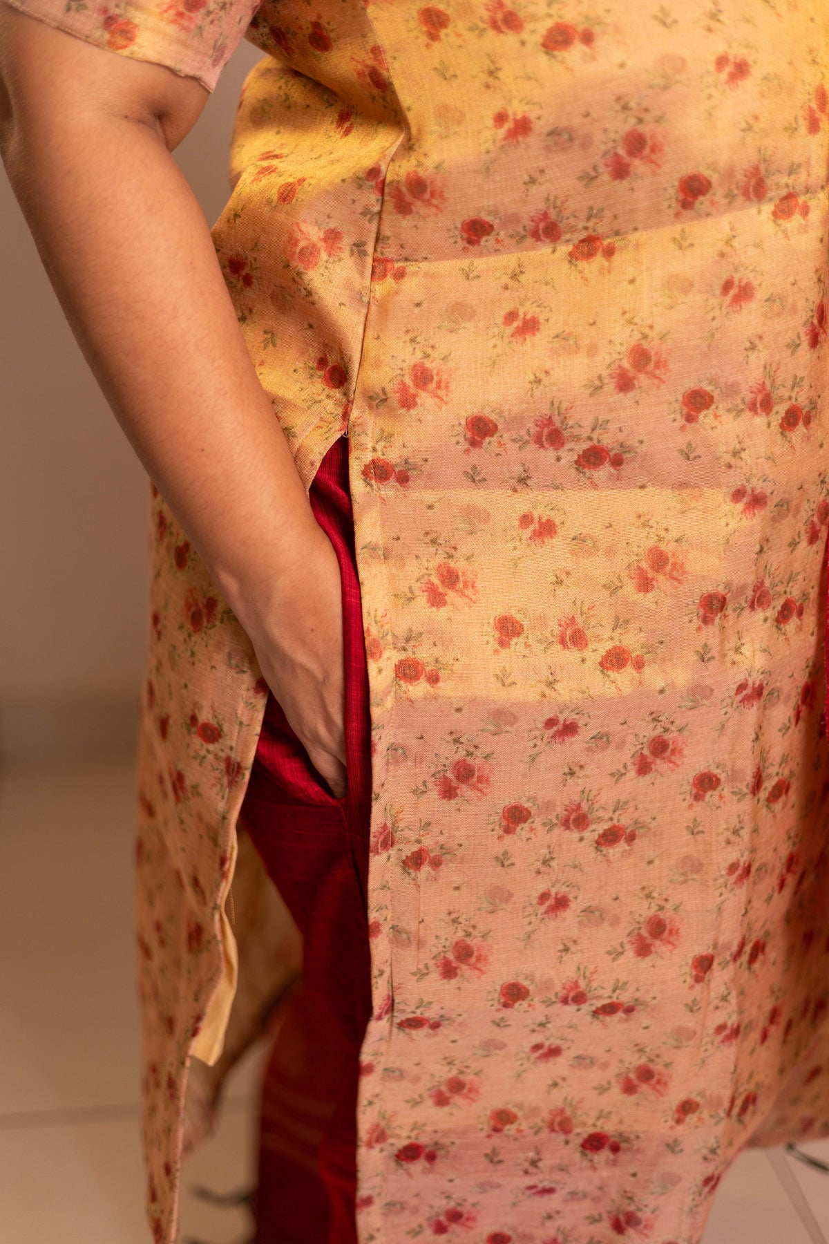 Cream tissue organza- 3 pieces suit set with red  raw silk dupatta
