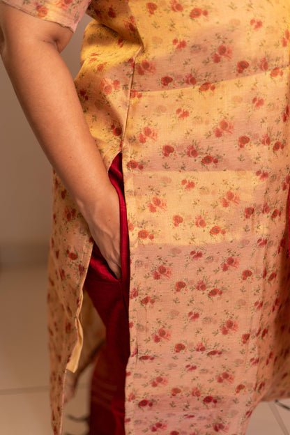 Cream tissue organza- 3 pieces suit set with red  raw silk dupatta