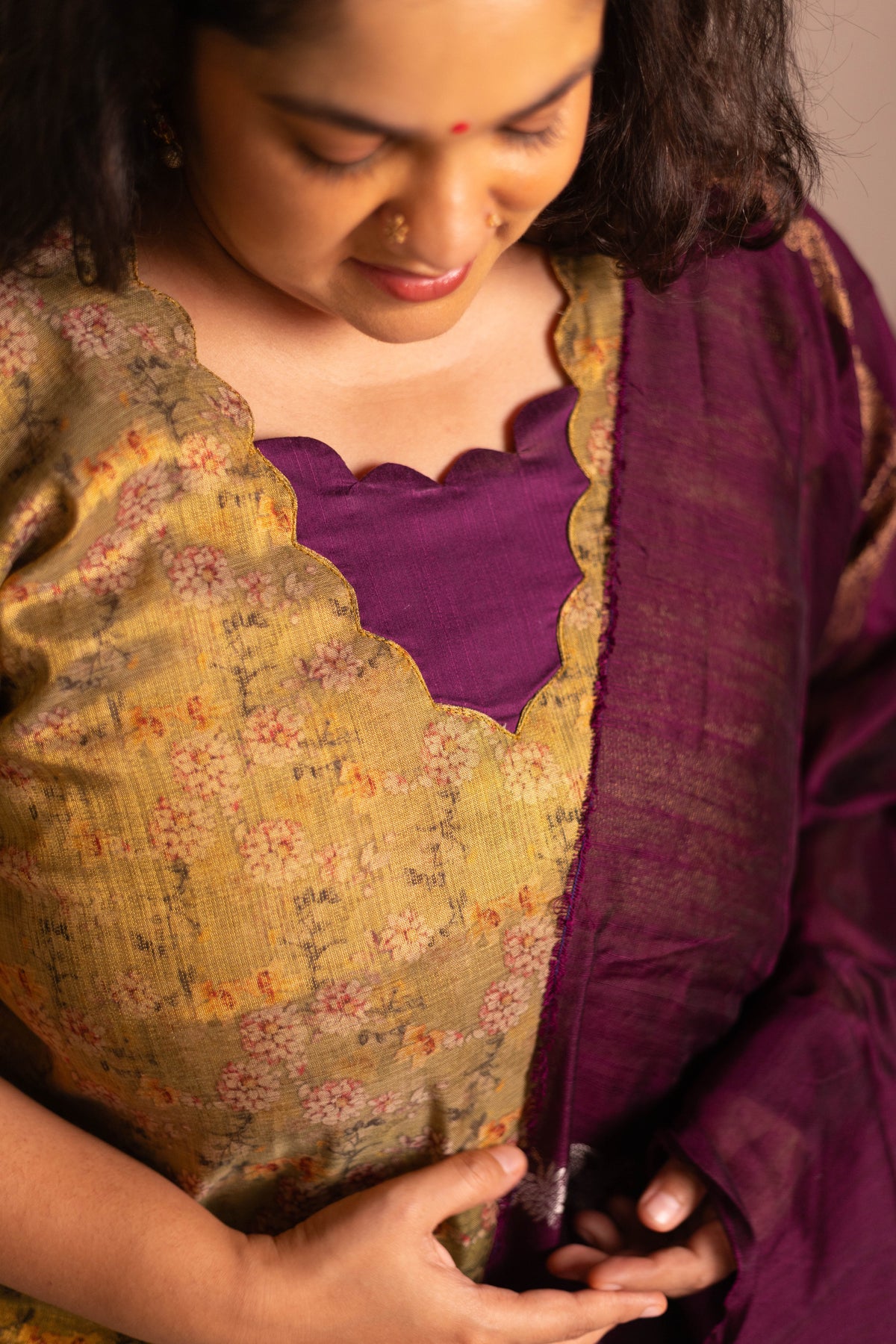Cardomom Green tissue organza- 3 pieces suit set with purple raw silk dupatta