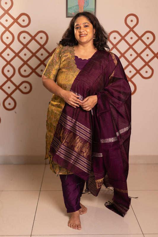 Cardomom Green tissue organza- 3 pieces suit set with purple raw silk dupatta