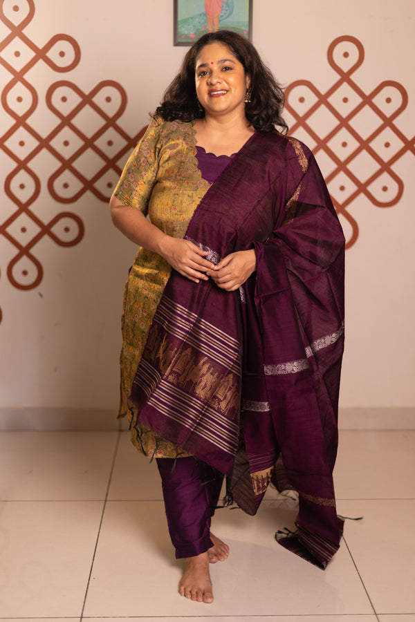 Cardomom Green tissue organza- 3 pieces suit set with purple raw silk dupatta