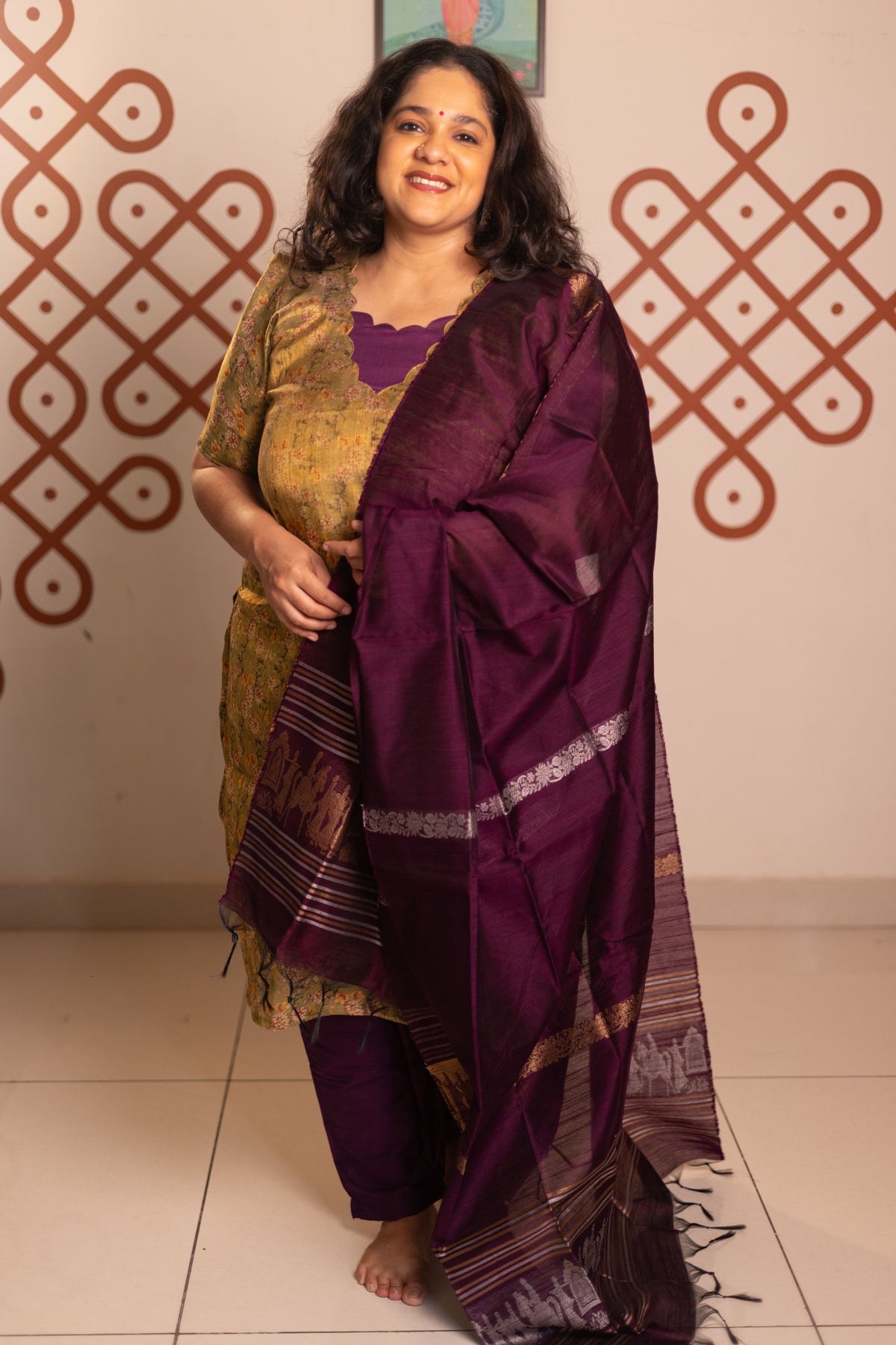 Cardomom Green tissue organza- 3 pieces suit set with purple raw silk dupatta