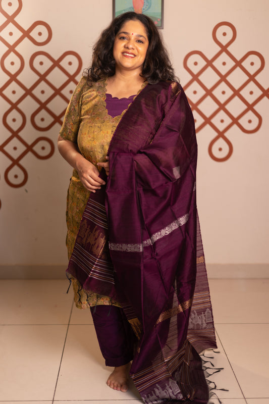 Cardomom Green tissue organza- 3 pieces suit set with purple raw silk dupatta