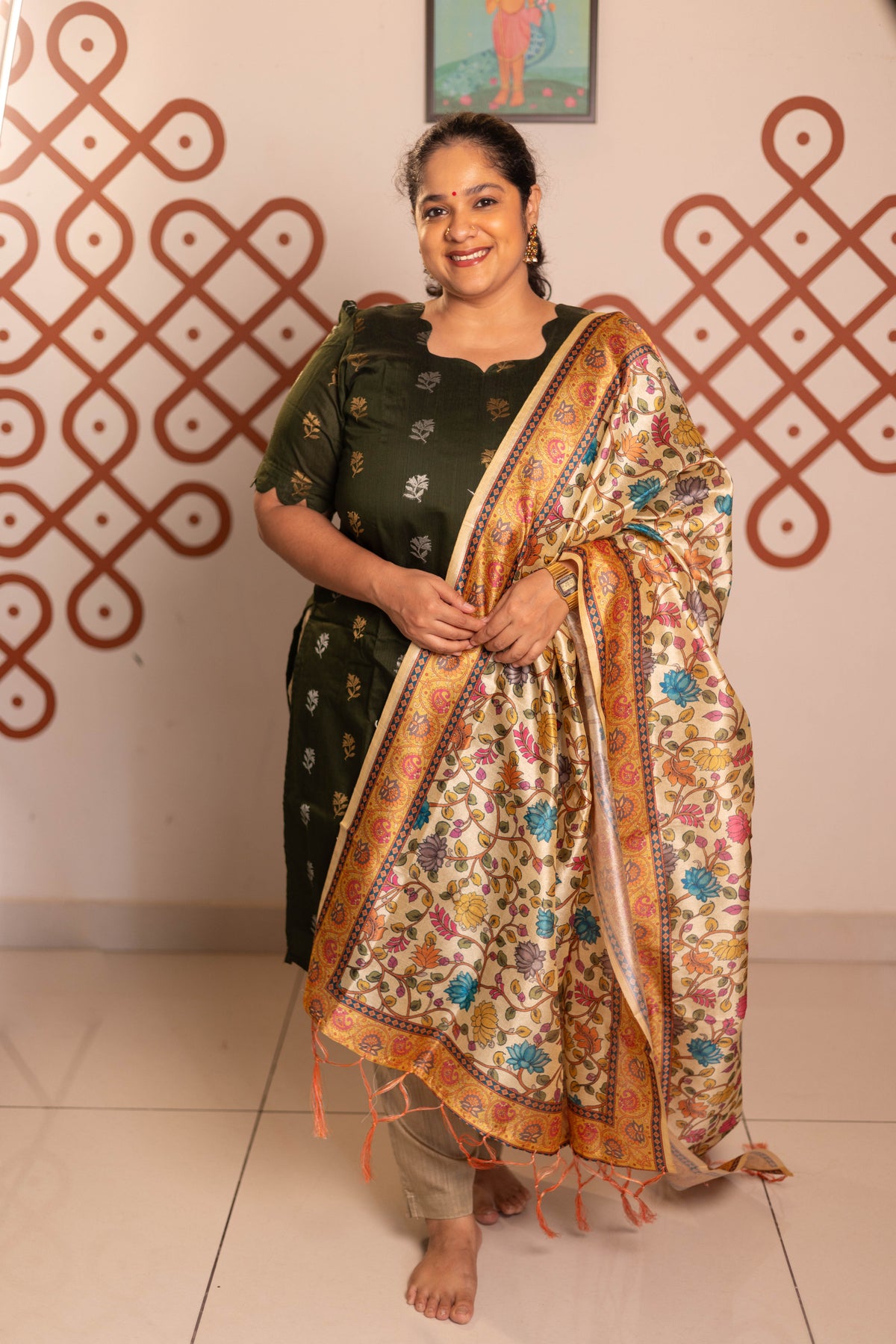 Dark green Raw silk 3 Pc suit set with  sandal tussar silk kalamkari duppatta