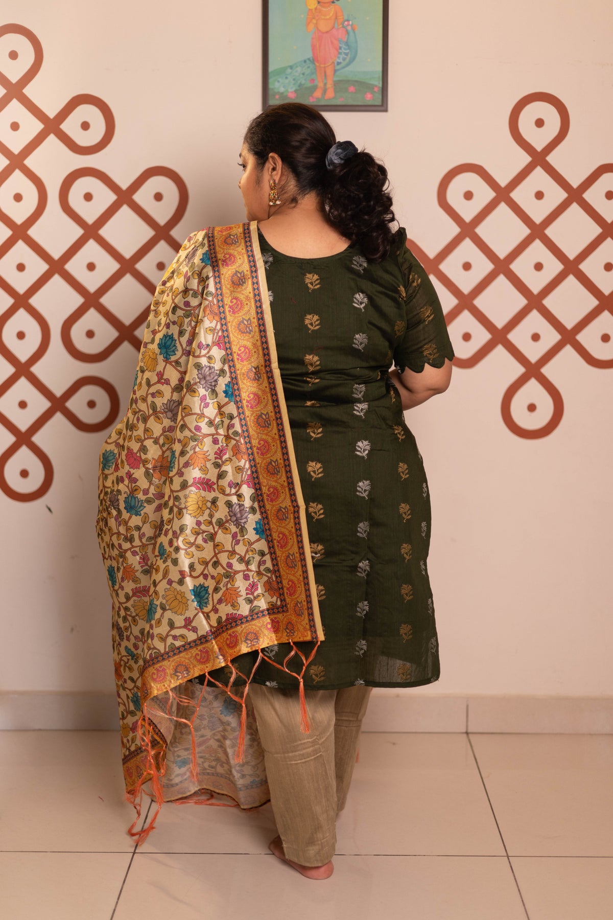 Dark green Raw silk 3 Pc suit set with  sandal tussar silk kalamkari duppatta