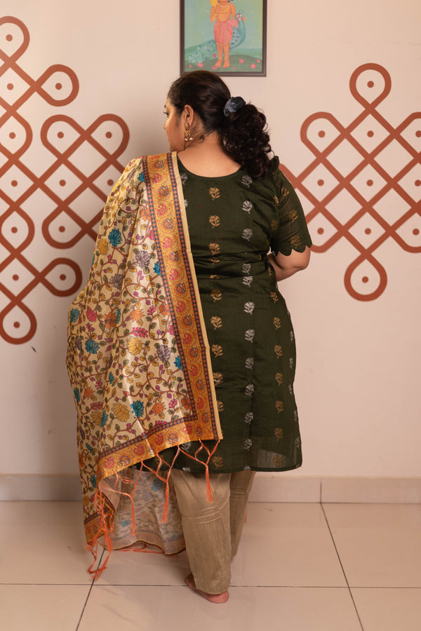 Dark green Raw silk 3 Pc suit set with  sandal tussar silk kalamkari duppatta
