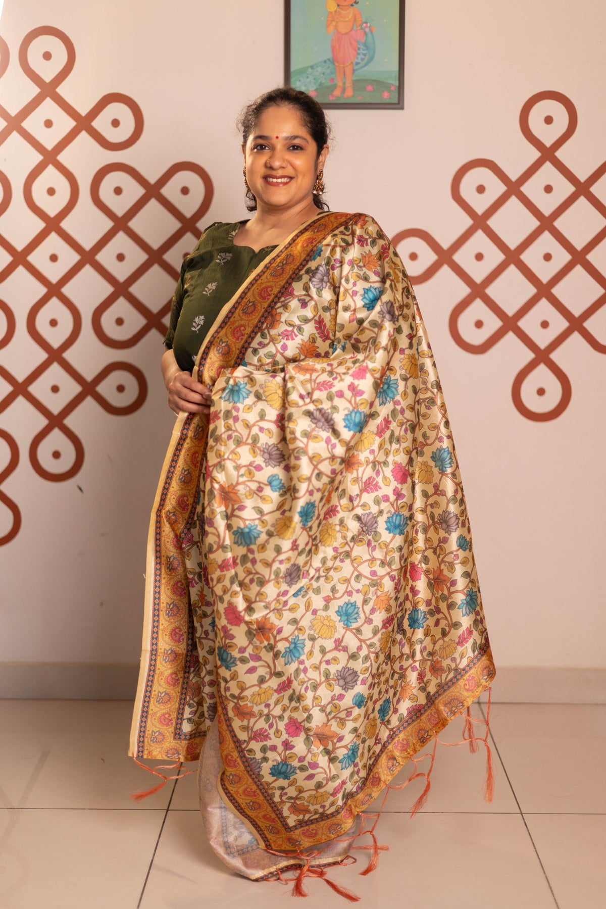 Dark green Raw silk 3 Pc suit set with  sandal tussar silk kalamkari duppatta