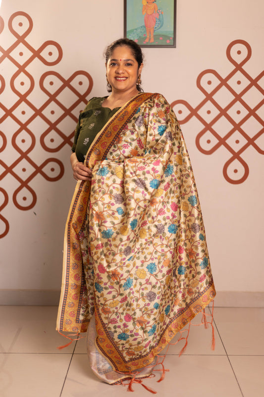 Dark green Raw silk 3 Pc suit set with  sandal tussar silk kalamkari duppatta