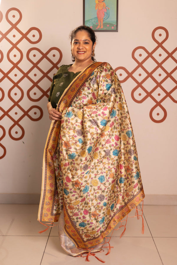 Dark green Raw silk 3 Pc suit set with  sandal tussar silk kalamkari duppatta