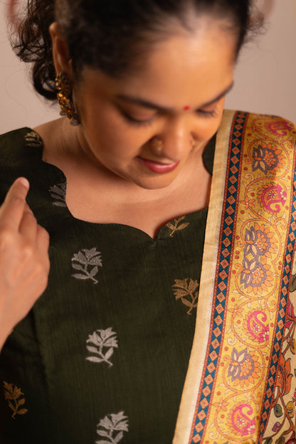 Dark green Raw silk 3 Pc suit set with  sandal tussar silk kalamkari duppatta