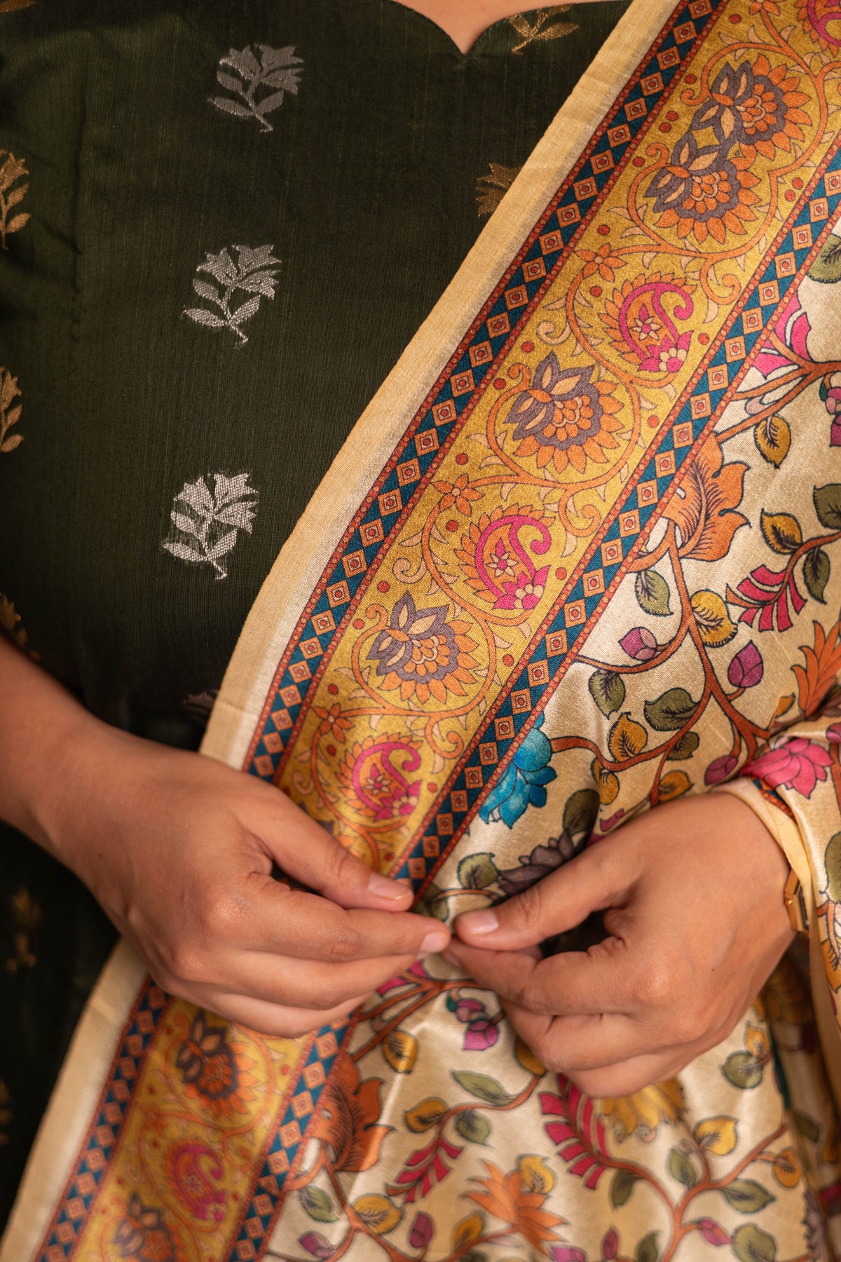 Dark green Raw silk 3 Pc suit set with  sandal tussar silk kalamkari duppatta