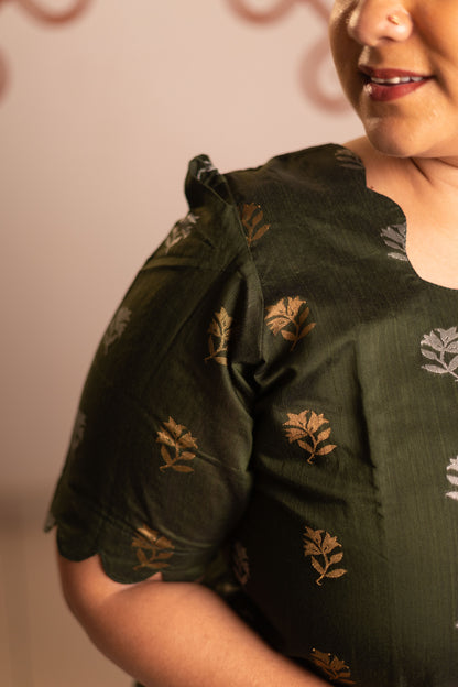 Dark green Raw silk 3 Pc suit set with  sandal tussar silk kalamkari duppatta