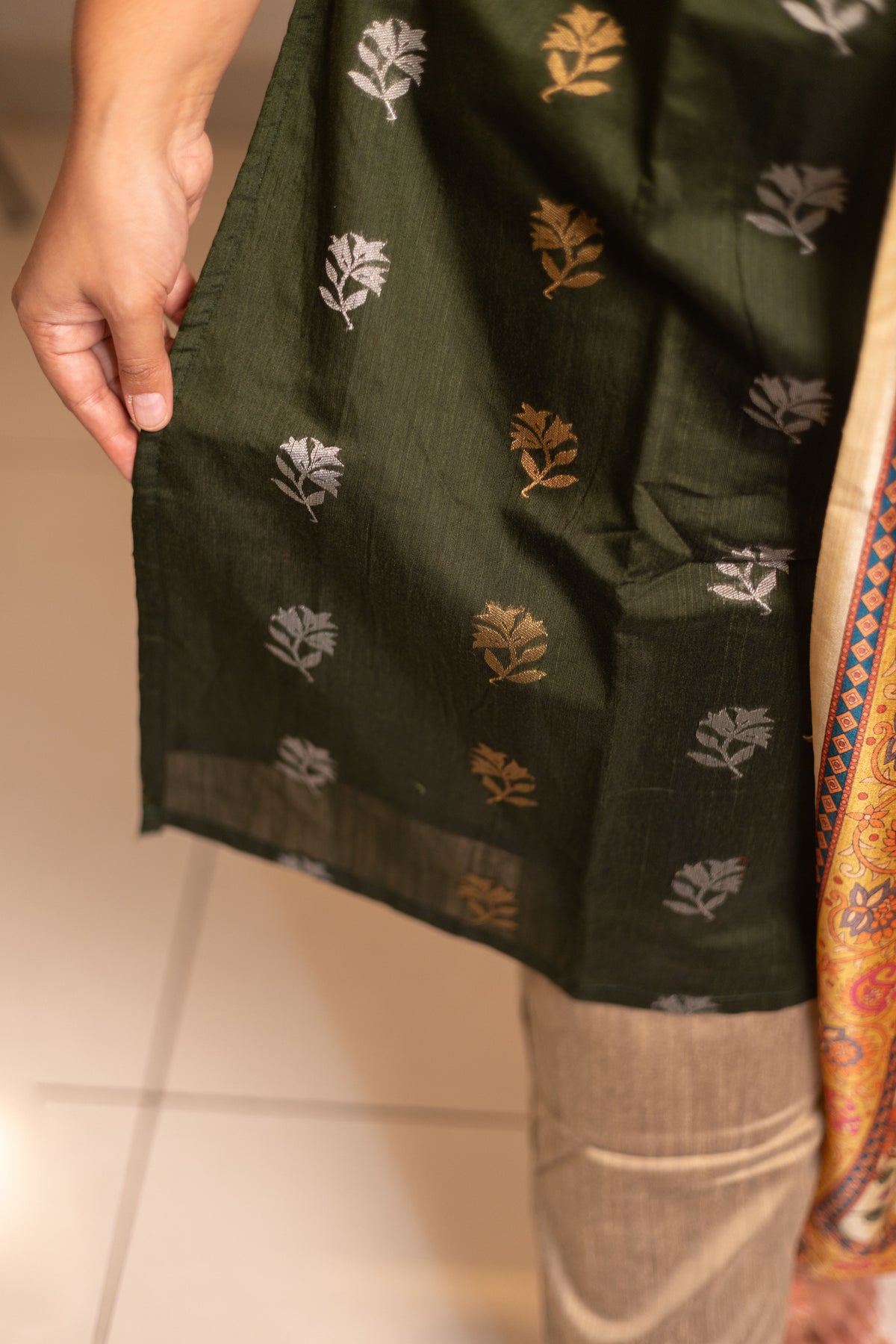 Dark green Raw silk 3 Pc suit set with  sandal tussar silk kalamkari duppatta