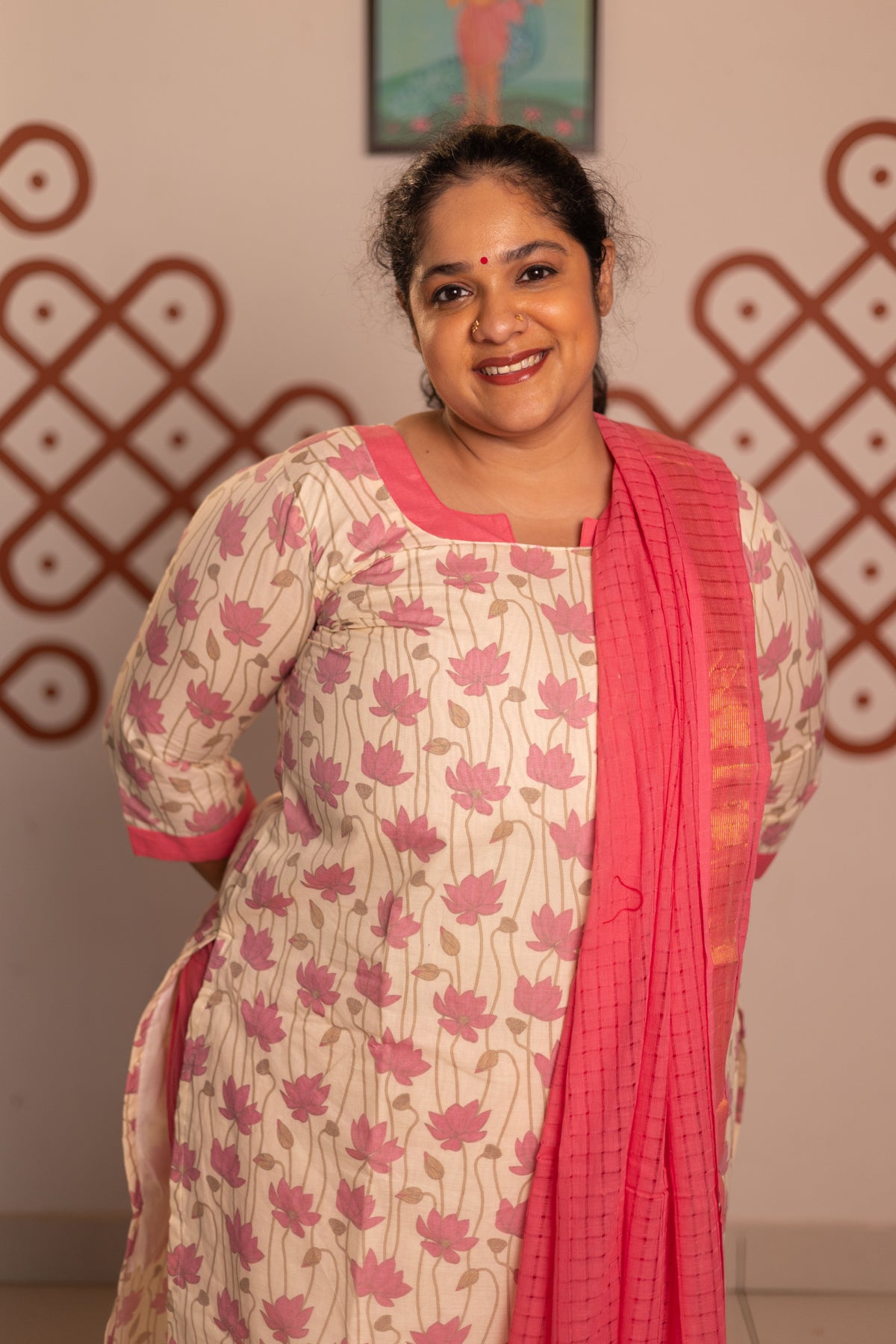 Half white with pink - Pure cotton kalamkari patchwork 3 pieces suit set