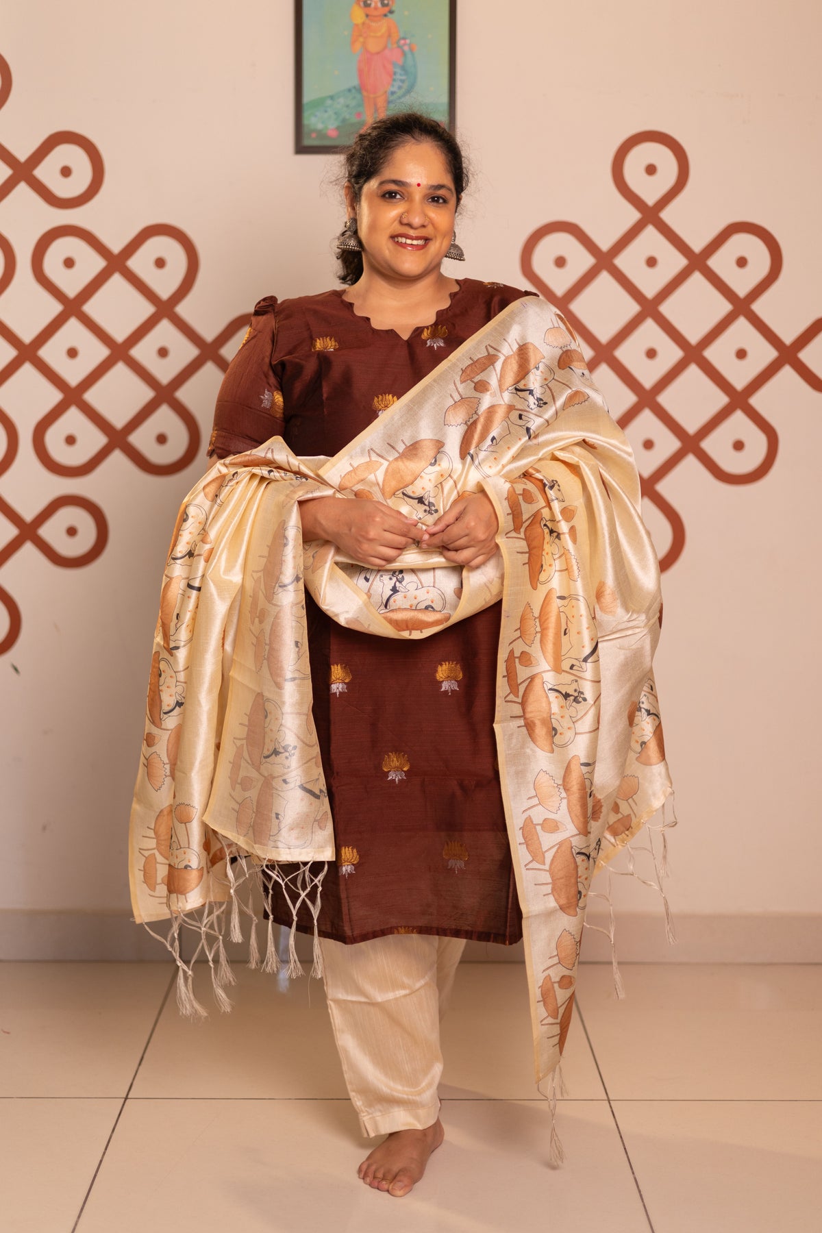 Coffee brown  raw silk with  sandal pichwai printed tussar dupatta