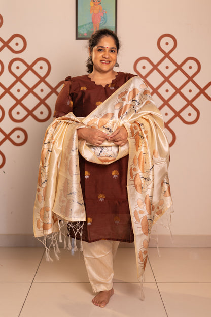 Coffee brown  raw silk with  sandal pichwai printed tussar dupatta