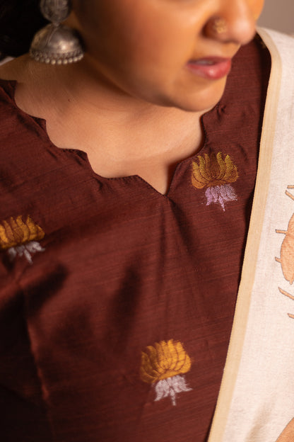 Coffee brown  raw silk with  sandal pichwai printed tussar dupatta