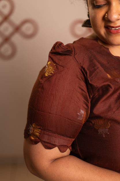 Coffee brown  raw silk with  sandal pichwai printed tussar dupatta
